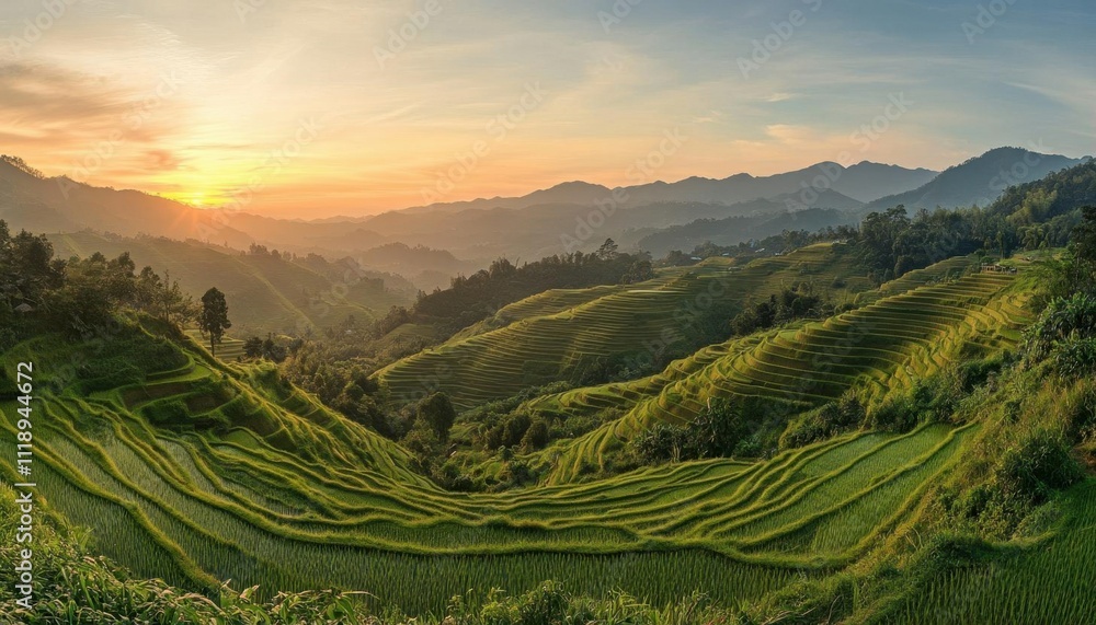 Scenic view of terraced rice fields at sunset in a mountainous landscape. Scenic view of terraced rice fields at sunset in a mountainous landscape.