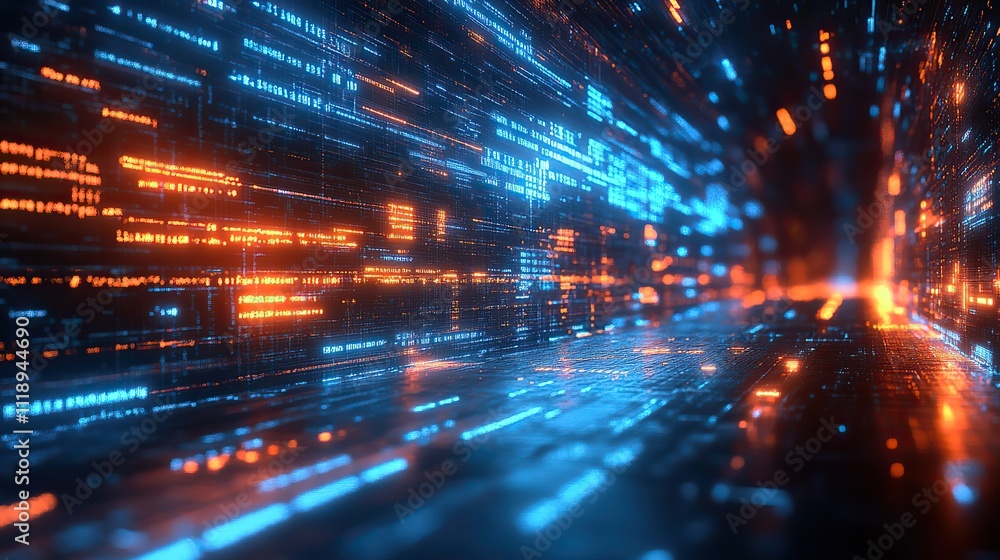 An abstract digital background with blue and white colors shows a network of lines and code elements An abstract digital background with blue and white colors shows a network of lines and code elements