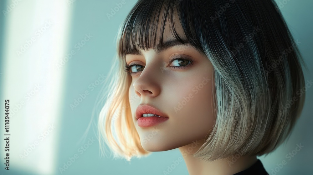 Naklejka premium close up portrait of a young woman with brown bob haircut in neutral studio background
