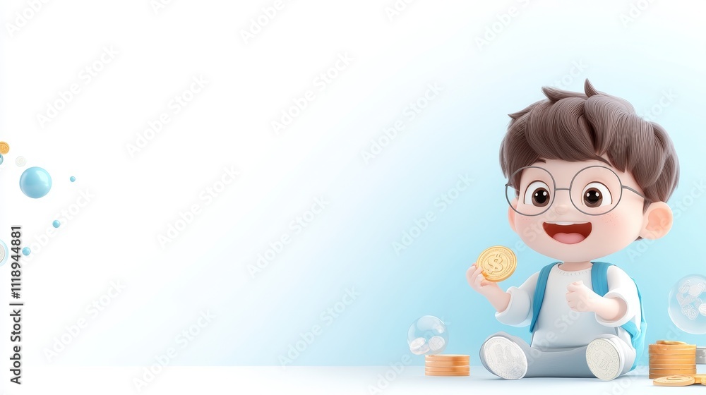 Cheerful Cartoon Character Child Holding Coin with Bubbles Background Cheerful Cartoon Character Child Holding Coin with Bubbles Background