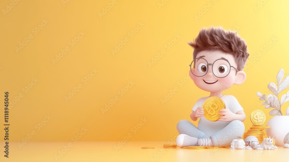 Happy Cartoon Child Holding a Coin with Playful Background Happy Cartoon Child Holding a Coin with Playful Background