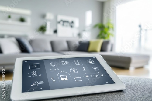 A tablet displaying smart home controls in a modern living room.