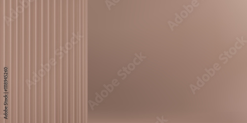 Mocha Mousse background with 3D reeded translucent glass. Elegant gradient backdrop in color of the year 2025 hues. Realistic vector illustration