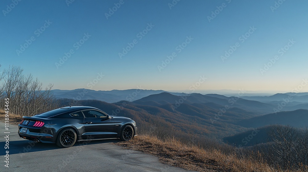 Gray sports car parked on mountain overlook, scenic vista of Appalachian mountains. Gray sports car parked on mountain overlook, scenic vista of Appalachian mountains.