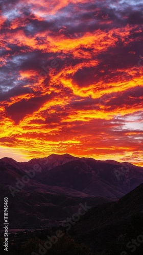 Vibrant sunset over mountains, showcasing dramatic colors and clouds.