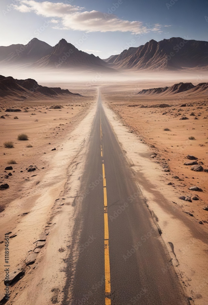 A wide and desolate road stretches across a barren landscape, vast desert, dry earth , cracked roads A wide and desolate road stretches across a barren landscape, vast desert, dry earth , cracked roads