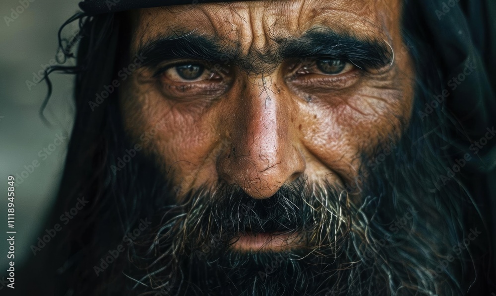 Obraz premium Close-up portrait of an elderly man with deep-set eyes and a beard.