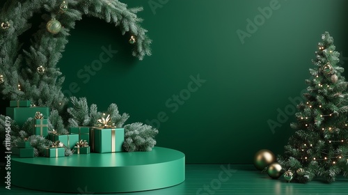 Christmas Themed Green Podium Ideal for Holiday Retail Promotions  
