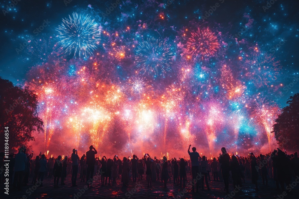 Joyful Crowd Celebrating Fireworks Festival at Night Joyful Crowd Celebrating Fireworks Festival at Night