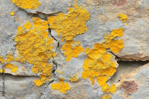 Close-up of vibrant yellow and gray lichen on rocky surface. photo