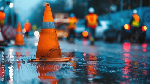 Close-up view of construction cones on wet road with blurry workers in the background