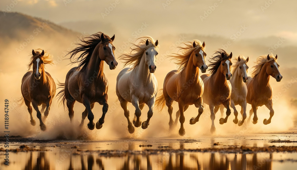Obraz premium seven running horses on sunset background