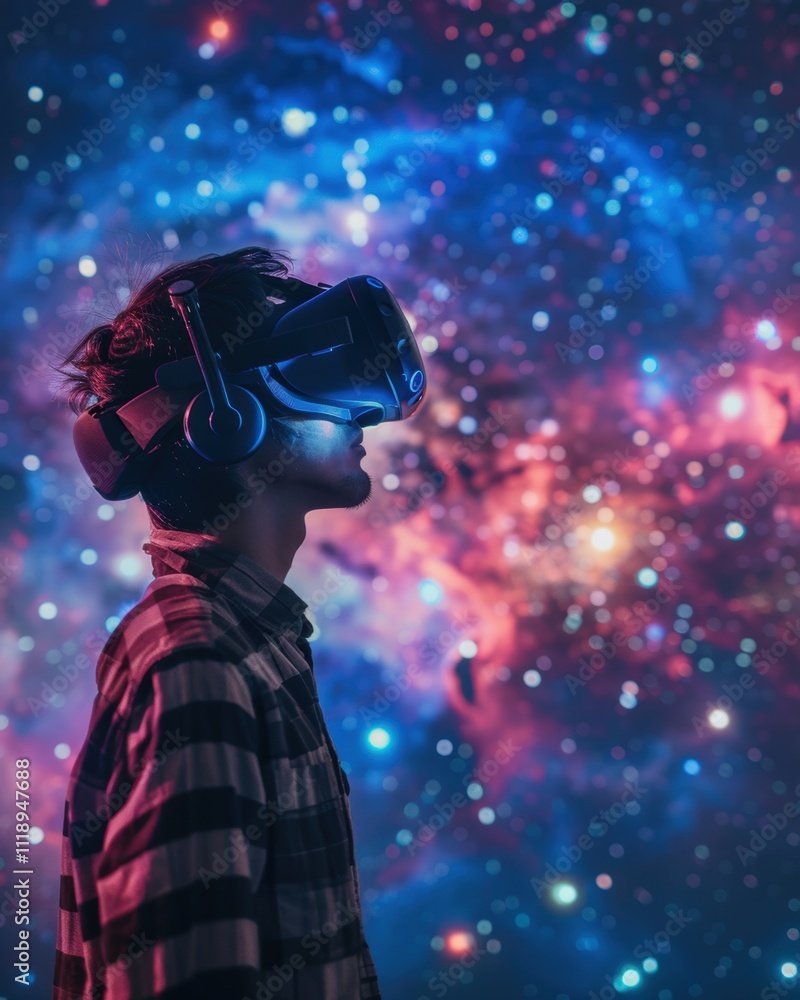 A person wearing a VR headset against a cosmic background. A person wearing a VR headset against a cosmic background.