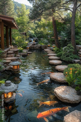 A serene garden with koi fish, stone pathways, and lush greenery.