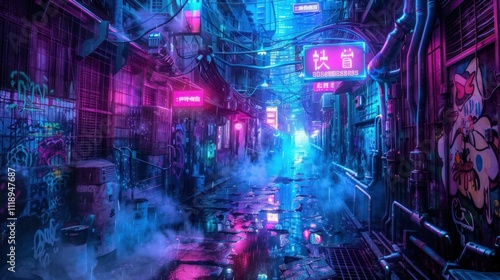 A vibrant, neon-lit alleyway with graffiti and misty atmosphere.