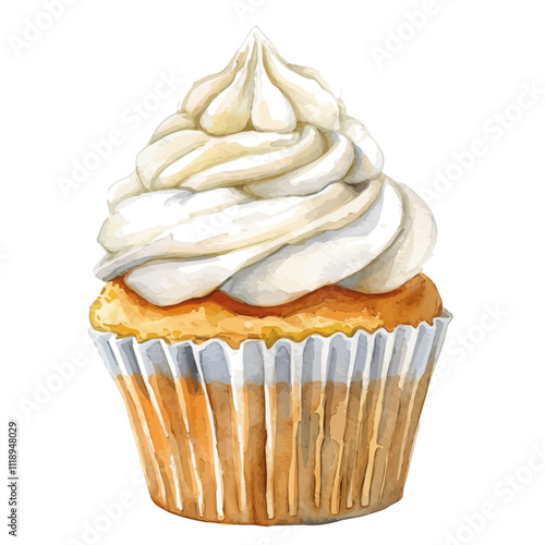 A watercolor vector of a vanilla cupcake, isolated on a white background. Vanilla cupcake vector.