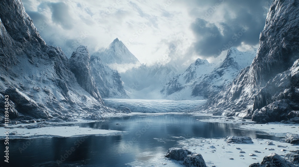 Majestic snow-capped mountains reflecting in a frozen lake. Majestic snow-capped mountains reflecting in a frozen lake.