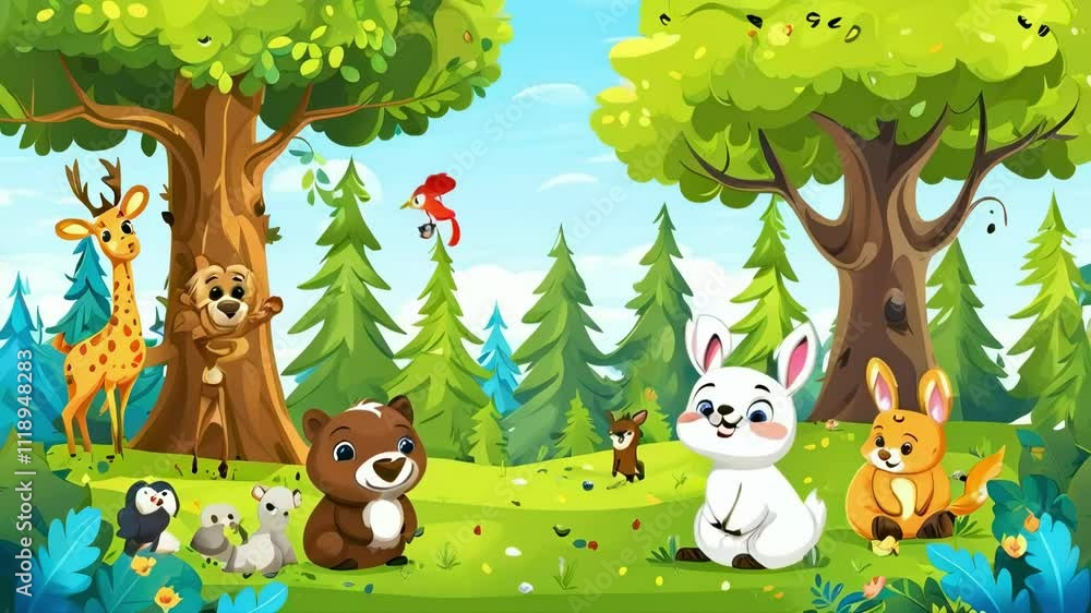 Cartoon Forest with Cute Trees and Animals Cartoon Forest with Cute Trees and Animals
