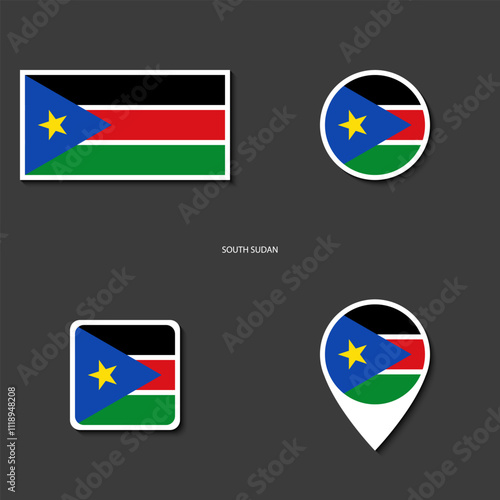 South Sudan flag icon set in different shape (rectangle, circle, square and marker icon) on dark grey background. South Sudan sticker icon collection on barely dark background	
