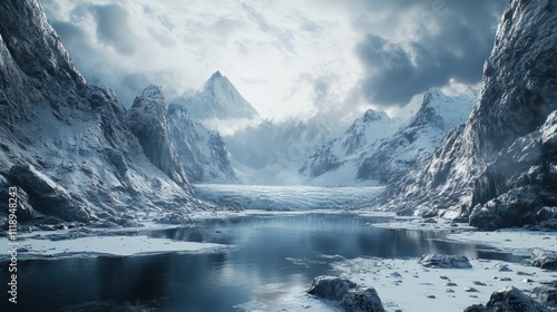 Majestic snow-capped mountains reflecting in a frozen lake.