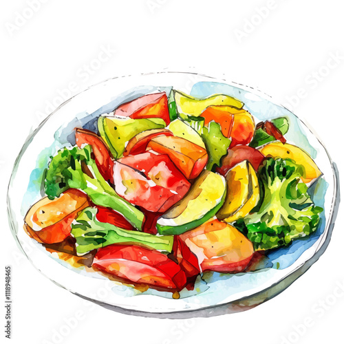 A watercolor painting of a vegetable stir-fry, isolated on a white background. Vegetable stir-fry vector.