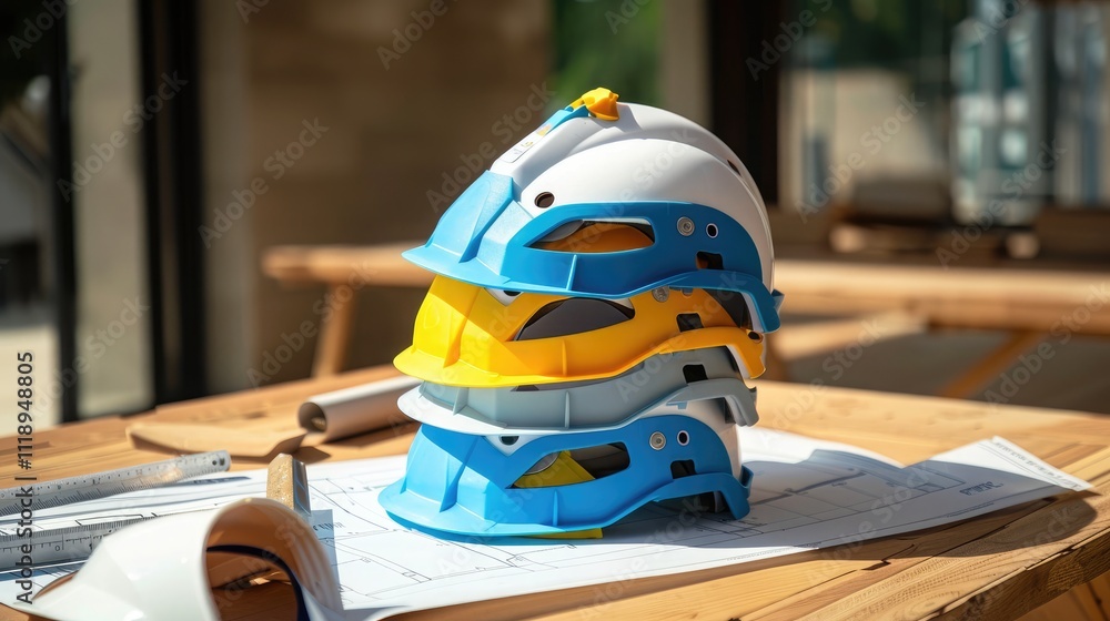 White, blue and yellow safety helmets lie on a table with blueprints and measuring tools at a construction site for engineers, foremen. White, blue and yellow safety helmets lie on a table with blueprints and measuring tools at a construction site for engineers, foremen.