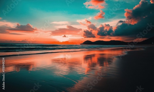 A serene beach sunset with vibrant colors reflecting on the water.