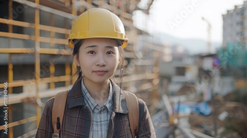 Young Asian construction worker in professional clothes and hat standing, looking at camera and smiling. Blurry background