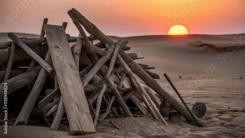 Weathered Wooden Planks and Tools Left in a Desert Camp at Sunset