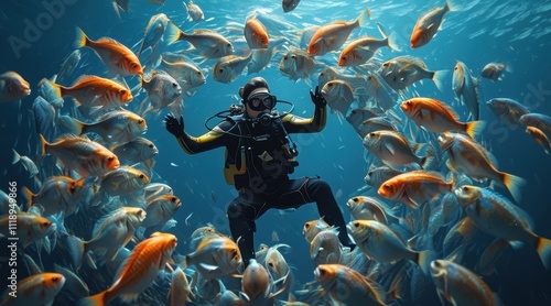 Wallpaper Mural Diver Surrounded by a Perfect Circle of Fish in the Open Ocean Torontodigital.ca
