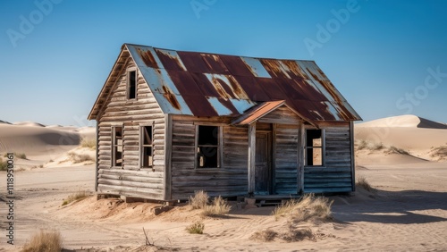 Rustic Wooden Cabin with Rusted Tin Roof in Vast Desert Landscape with Shimmering Sand Dunes