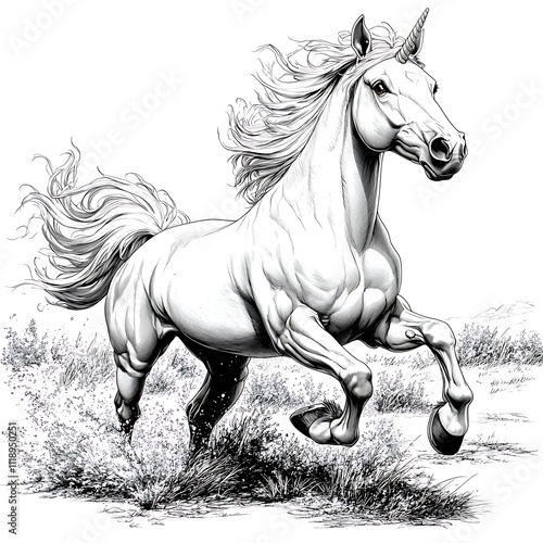 Unicorn Illustration Running Gracefully White Background Beautiful Artwork Scene photo