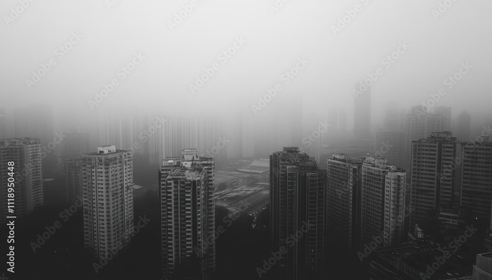 A foggy urban landscape with towering buildings shrouded in mist. A foggy urban landscape with towering buildings shrouded in mist.