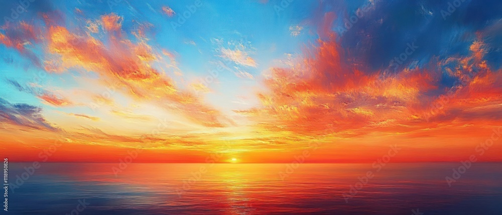 Fototapeta premium Vibrant Sunset Over Calm Ocean with Dramatic Clouds and Blending Hues of Blue Orange and Yellow