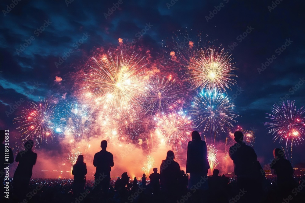 Fireworks Celebration with Excited Crowd at Night Sky Fireworks Celebration with Excited Crowd at Night Sky