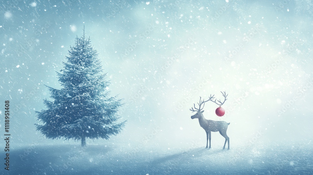 a light blue textured background, thereis a christmas tree in the middle, a reindeerholds an ornament in his mouth, light snow isfalling, detailed, fantasy