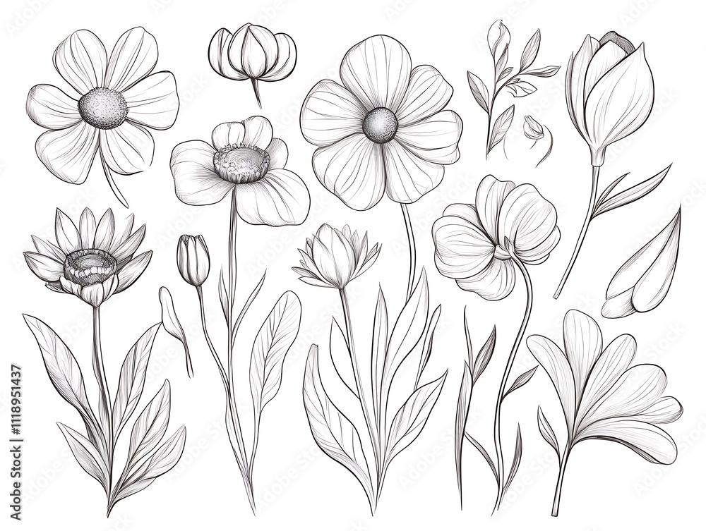Fototapeta premium Delicate Blossoms: A Minimalist Line Art of Flowers