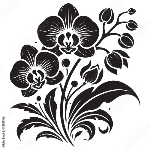 Silhouette Orchids Flowers With Leaves, orchid silhouette ,orchid sv g,orchid p ng,orchid illustrate ion,orchid, silhouette flower,vector 7
