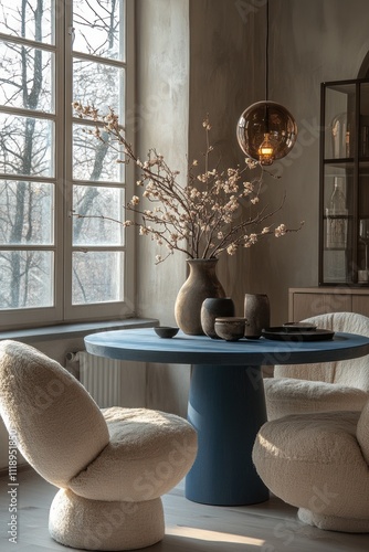 Scandinavian design round blue table with boucle chairs minimalist living room arch doorway stucco walls photo