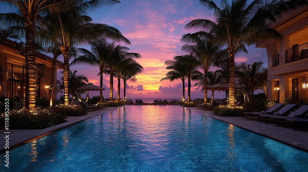 Obraz premium An elegant swimming pool surrounded by palm trees at sunset, with loungers and umbrellas poolside
