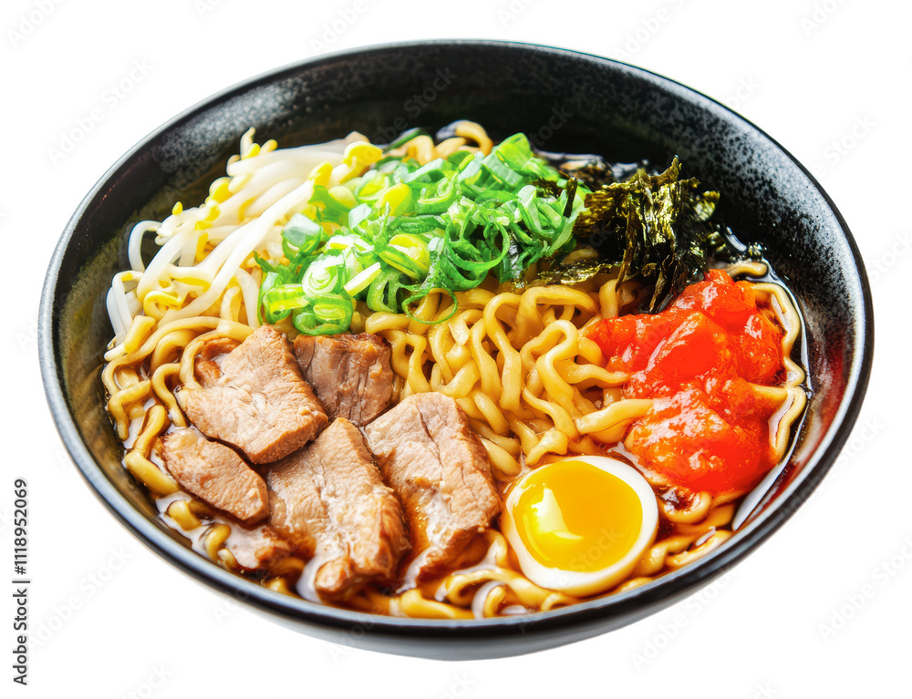 Delicious ramen bowl with beef and egg on display, cut out - stock png. Delicious ramen bowl with beef and egg on display, cut out - stock png.