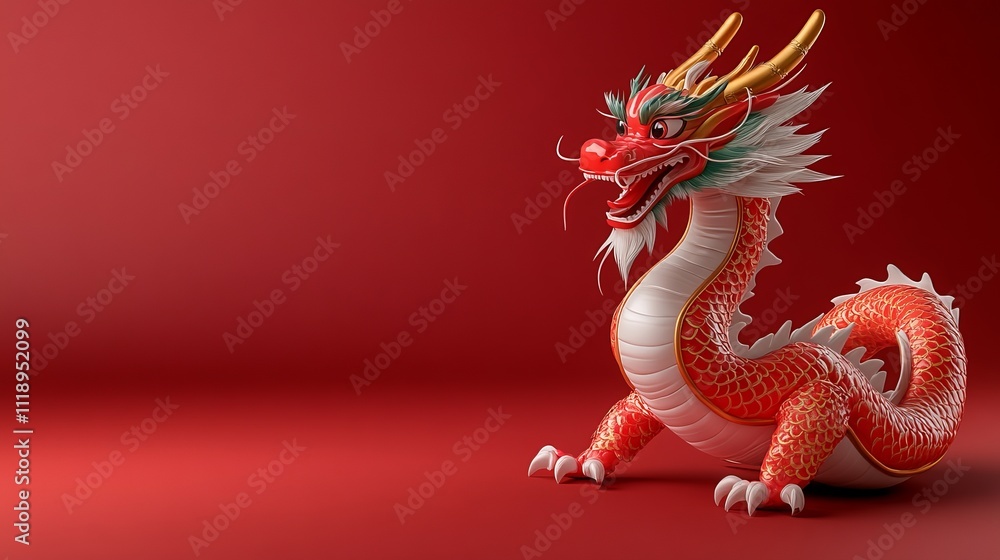 Colorful Chinese Dragon Model on Empty Red Background Colorful Chinese Dragon Model on Empty Red Background