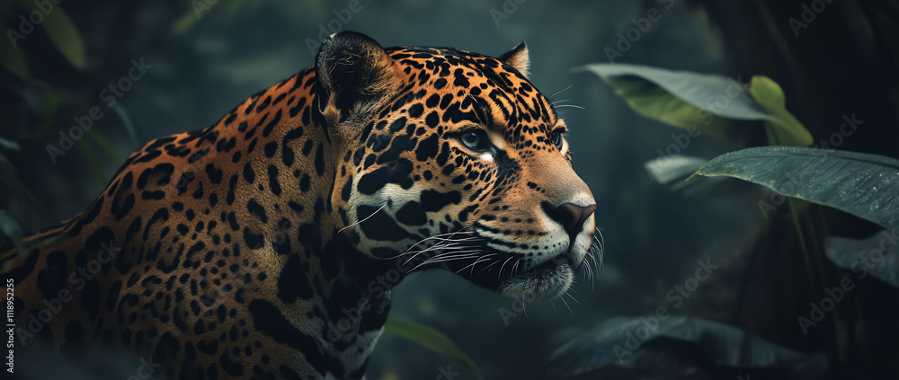 A jaguar in a lush, green jungle setting. A jaguar in a lush, green jungle setting.