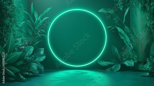 Contemporary Green Backdrop with Neon Halo and Decorative Leaves for Events  

