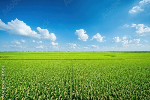 Vast green rice field under a bright blue sky with fluffy clouds.