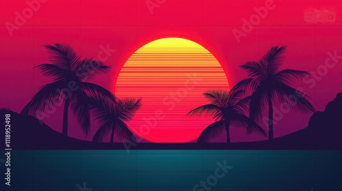 Watercolor Rustic Living-Room Wall Art. Vibrant sunset over tranquil water with silhouetted palm trees creates a serene tropical atmosphere.