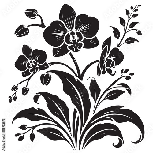 Silhouette Orchids Flowers With Leaves, orchid silhouette ,orchid sv g,orchid p ng,orchid illustrate ion,orchid, silhouette flower,vector 20