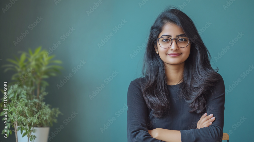 Young woman poses confidently in contemporary setting with greenery Young woman poses confidently in contemporary setting with greenery