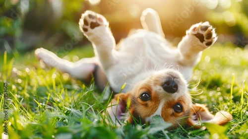 A playful puppy lying on its back in a sunlit grassy field.