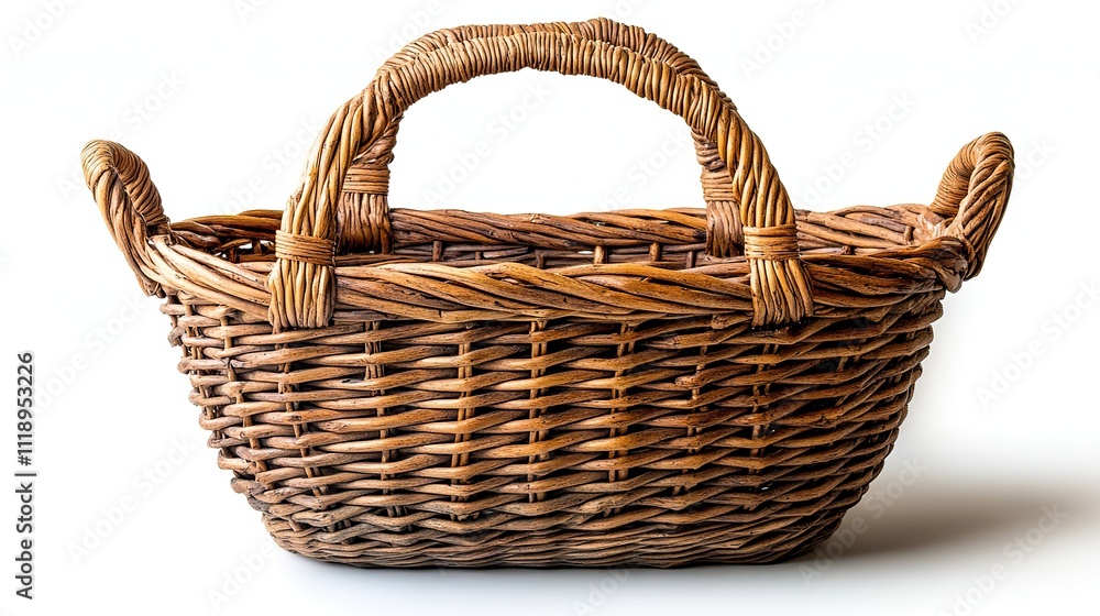 An empty wicker basket with handles is displayed in isolation against a white background An empty wicker basket with handles is displayed in isolation against a white background